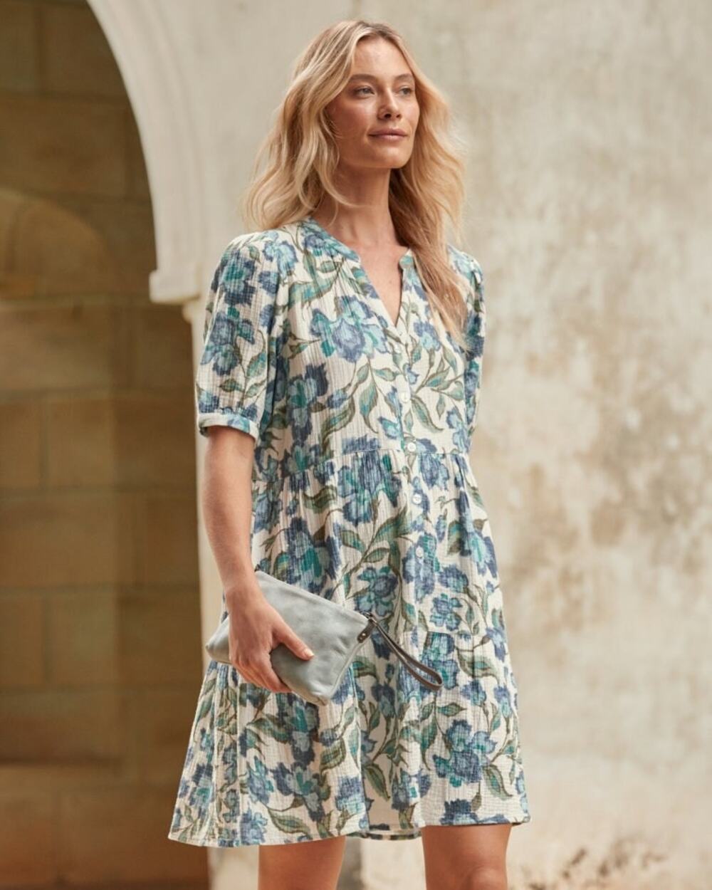 Garnet Hill Blue Floral Printed Organic Cotton Tunic Mini Dress Layered Size S